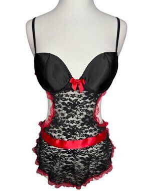 Apt. 9 Black Satin Red Lace Trim Ties Ruffle Maid Costume Lingerie Size Medium
